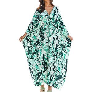 Women Green Painting V-neck Batwing Sleeve Flowy Split Hem Bohemian Kaftan Dress